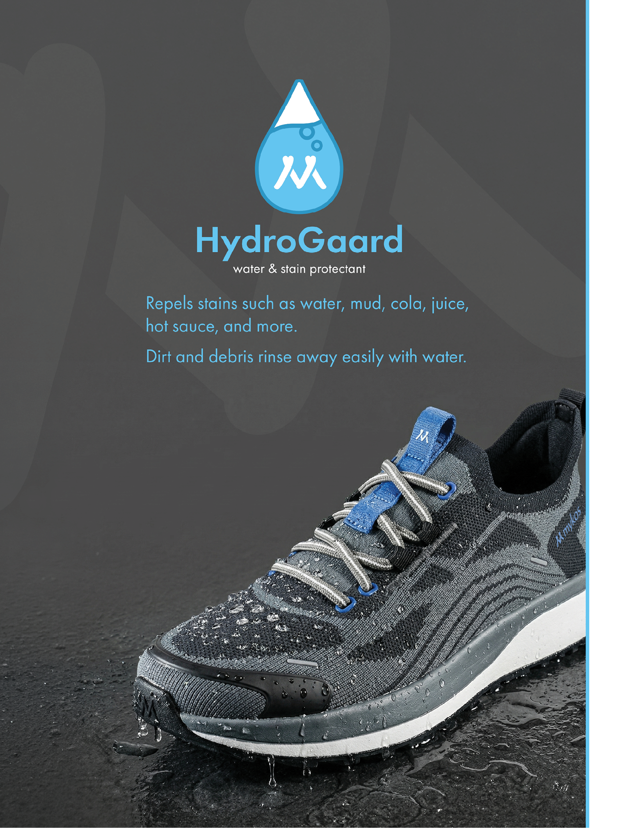 A black and gray sneaker with water droplets on it is shown on a wet surface with a HydroGuard logo and text promoting water and stain protection above it. Description generated by AI