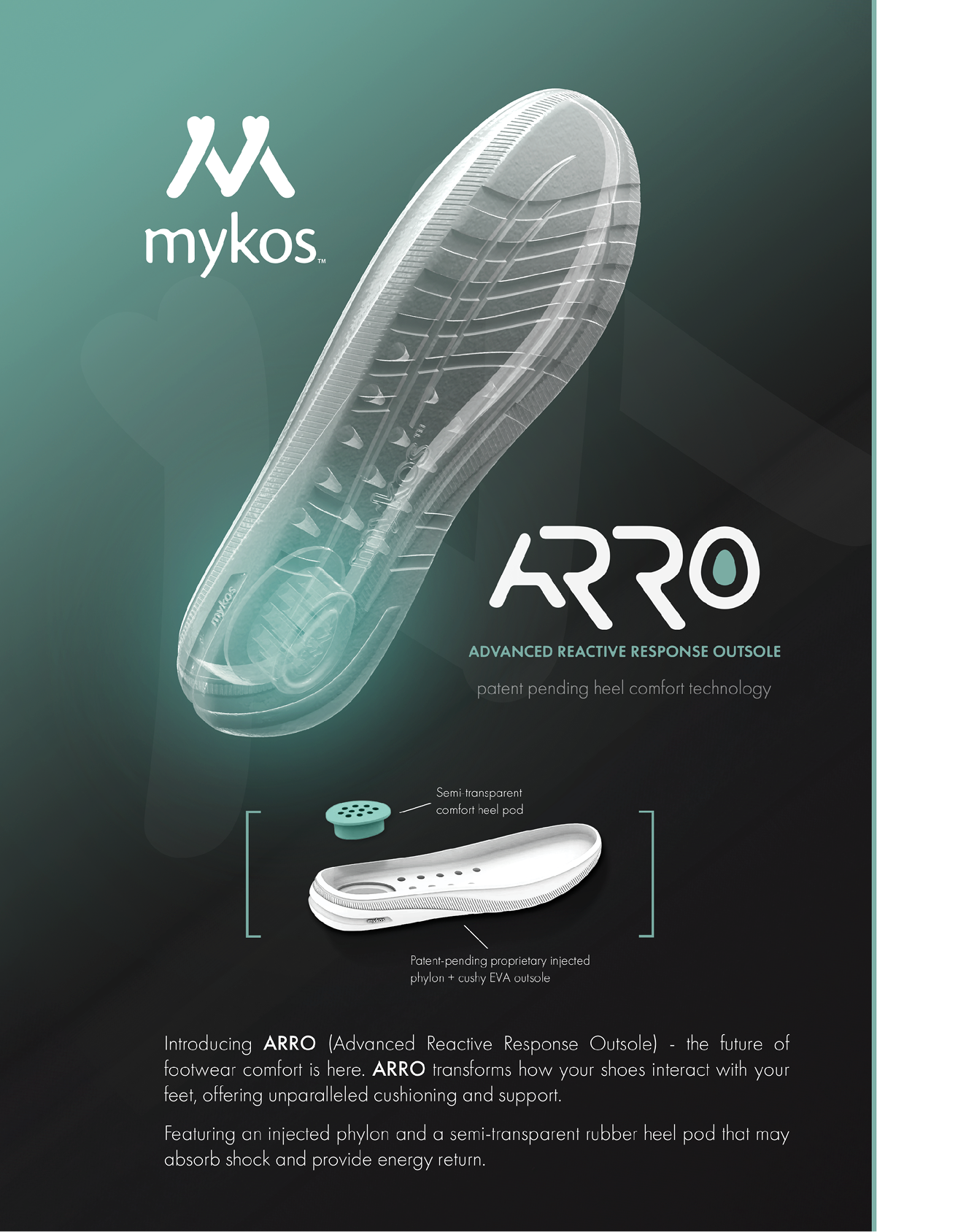 A transparent shoe sole design labeled ARRO by mykos is shown with a detailed view of its advanced reactive response footsole technology. Description generated by AI