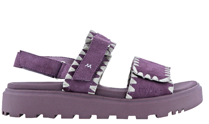 A purple sandal with a white strap. Description generated by AI