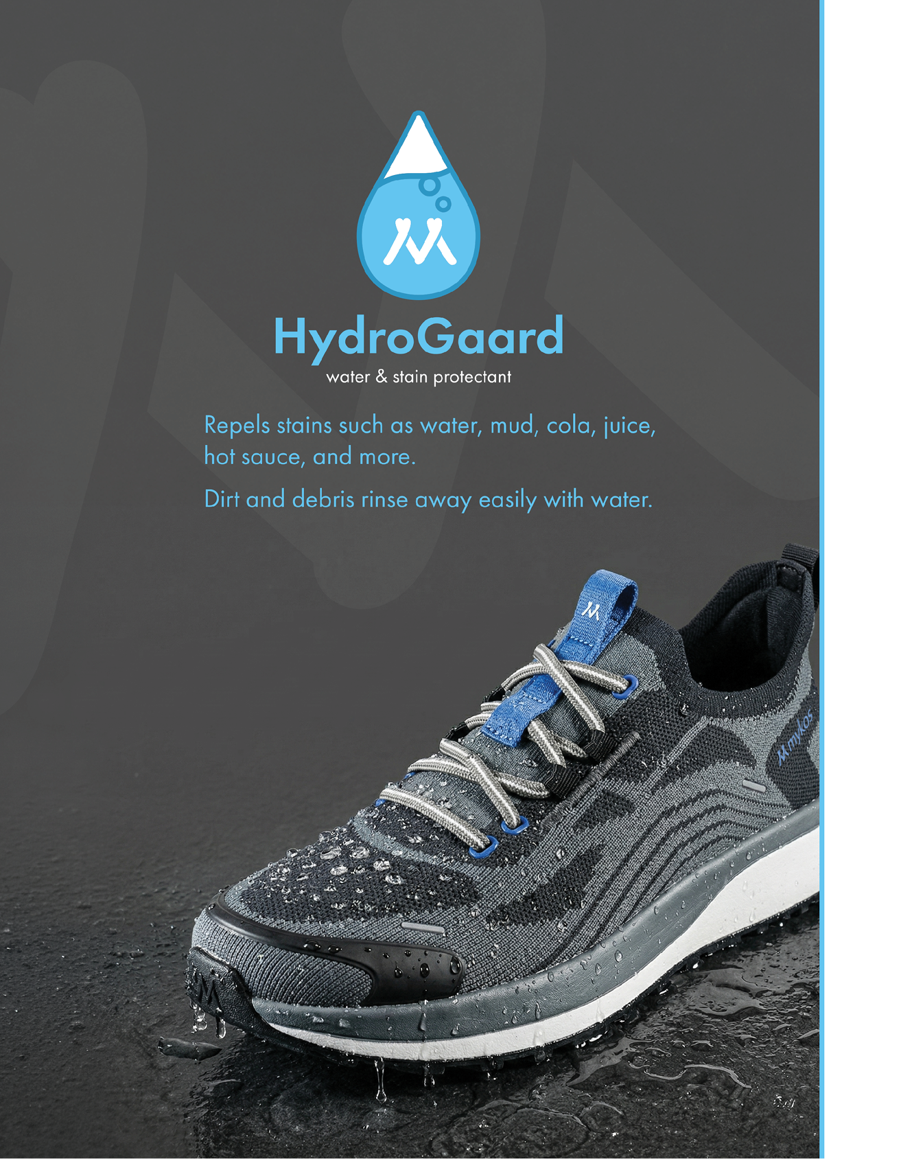 A black and gray sneaker with water droplets on it is shown on a wet surface with the HydroGuard logo and text describing its water and stain repellent properties above. Description generated by AI