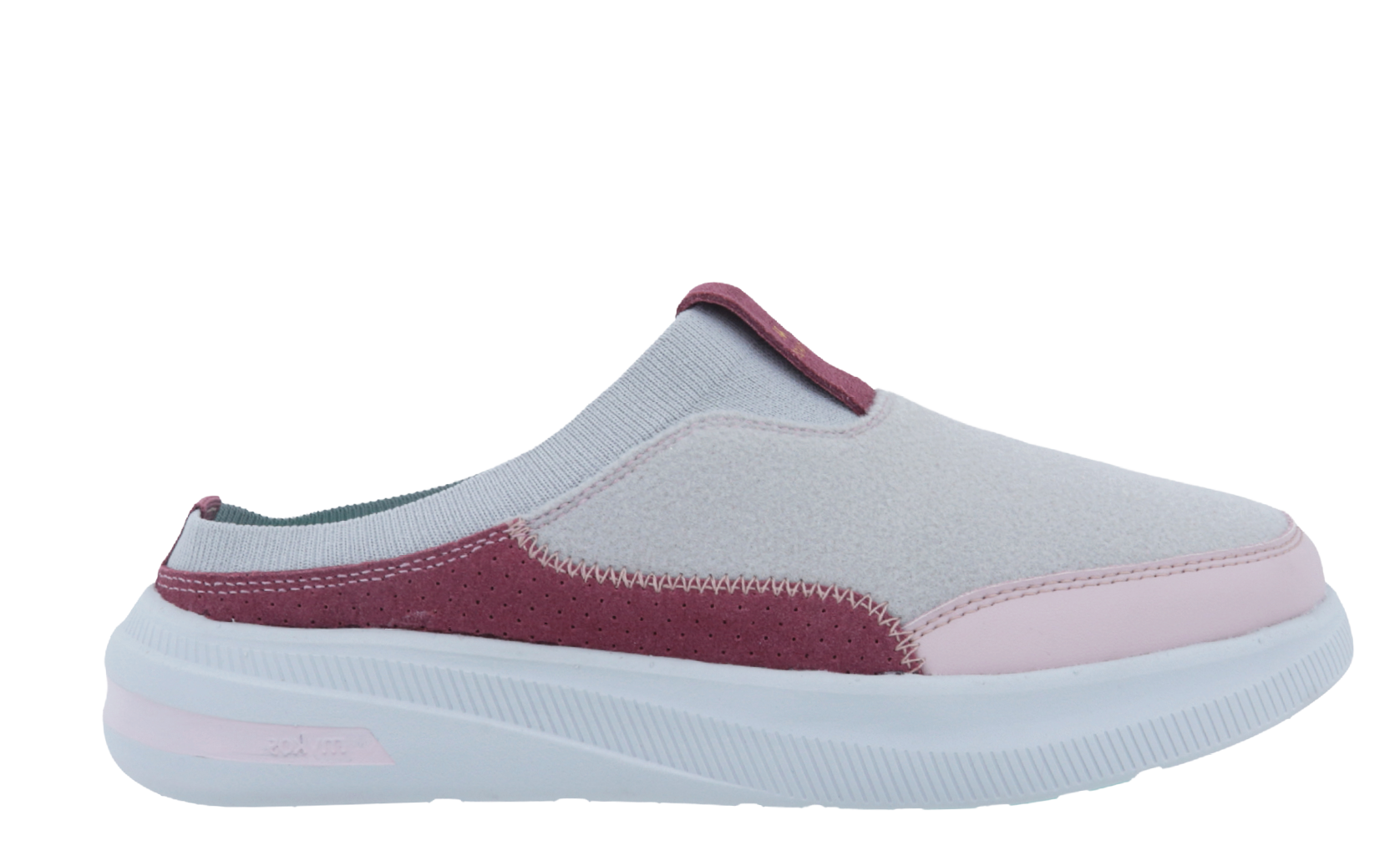 A grey and red shoe with a pink sole. Description generated by AI