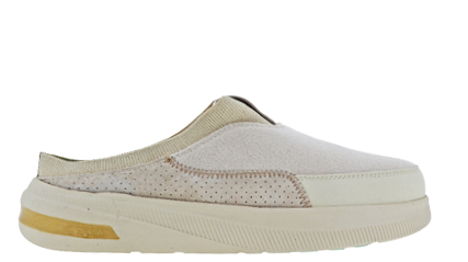 A white shoe with a gold sole. Description generated by AI