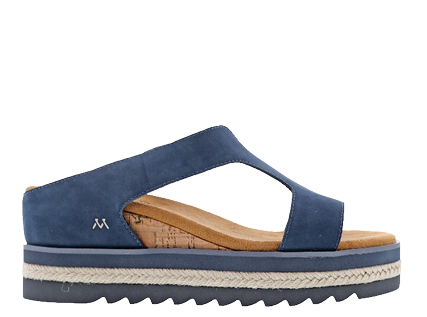 Blue sandals with a wooden strap. Description generated by AI