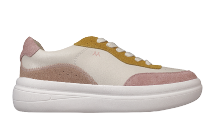 A white and tan shoe with a pink sole. Description generated by AI