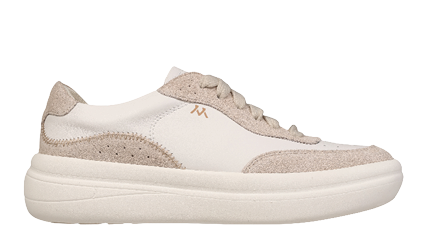 A pair of white shoes with a gold logo on the side. Description generated by AI