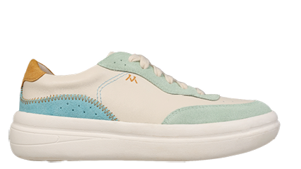 A white and blue shoe with a white sole. Description generated by AI