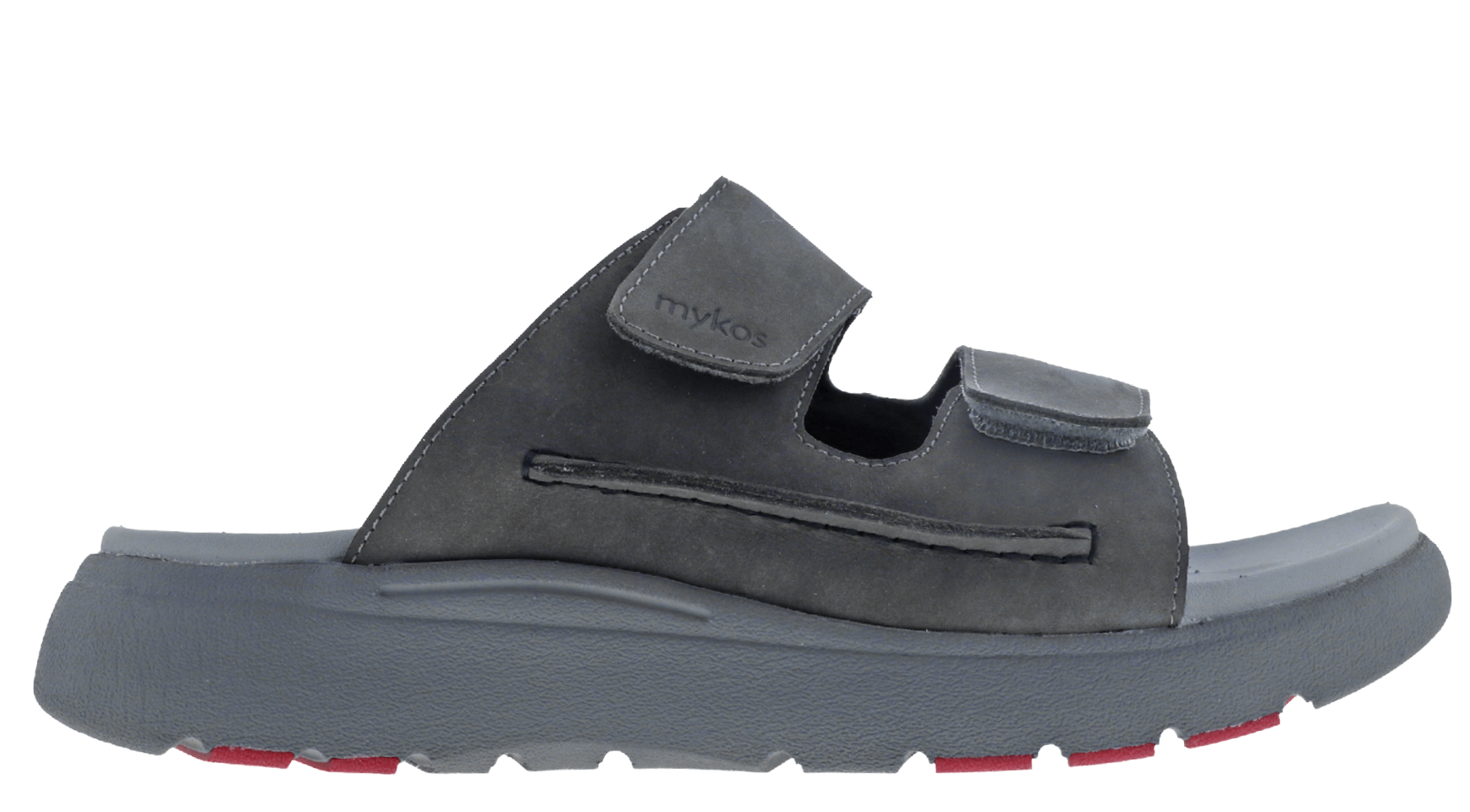 A gray sandal with red trim. Description generated by AI