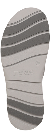 A shoe with a gray and white striped sole. Description generated by AI