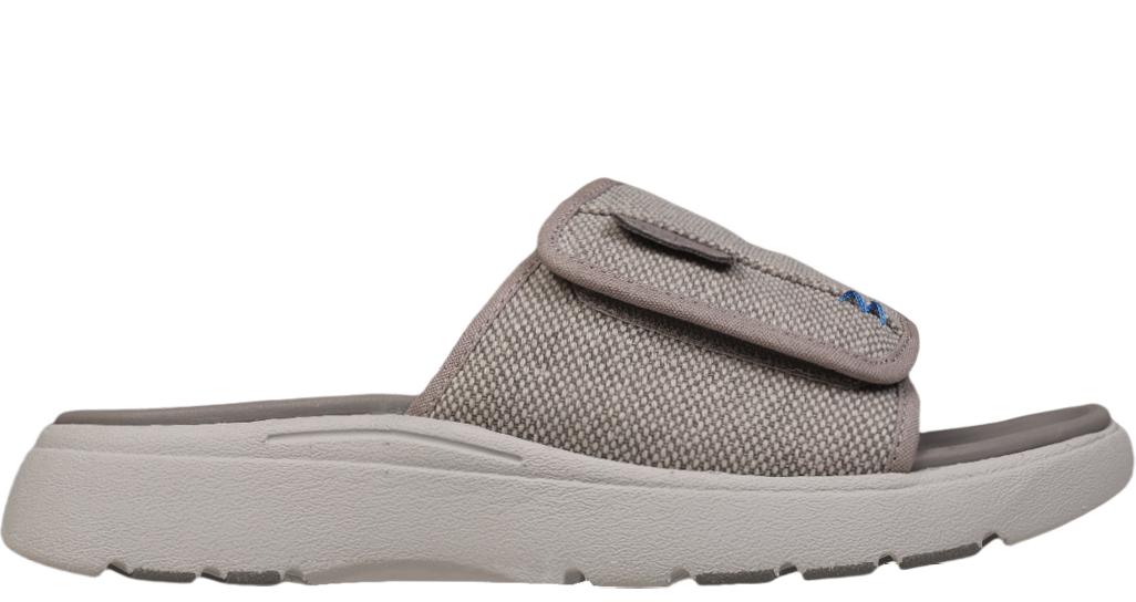 A pair of grey slippers with a blue logo on the side. Description generated by AI