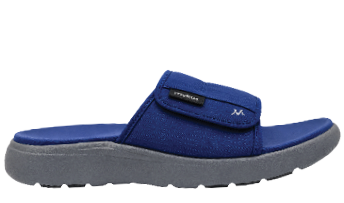 Blue sandals with a logo on the side. Description generated by AI