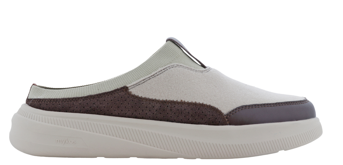A brown and gray shoe with a gray sole. Description generated by AI