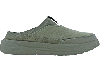 A grey shoe with a black strap. Description generated by AI