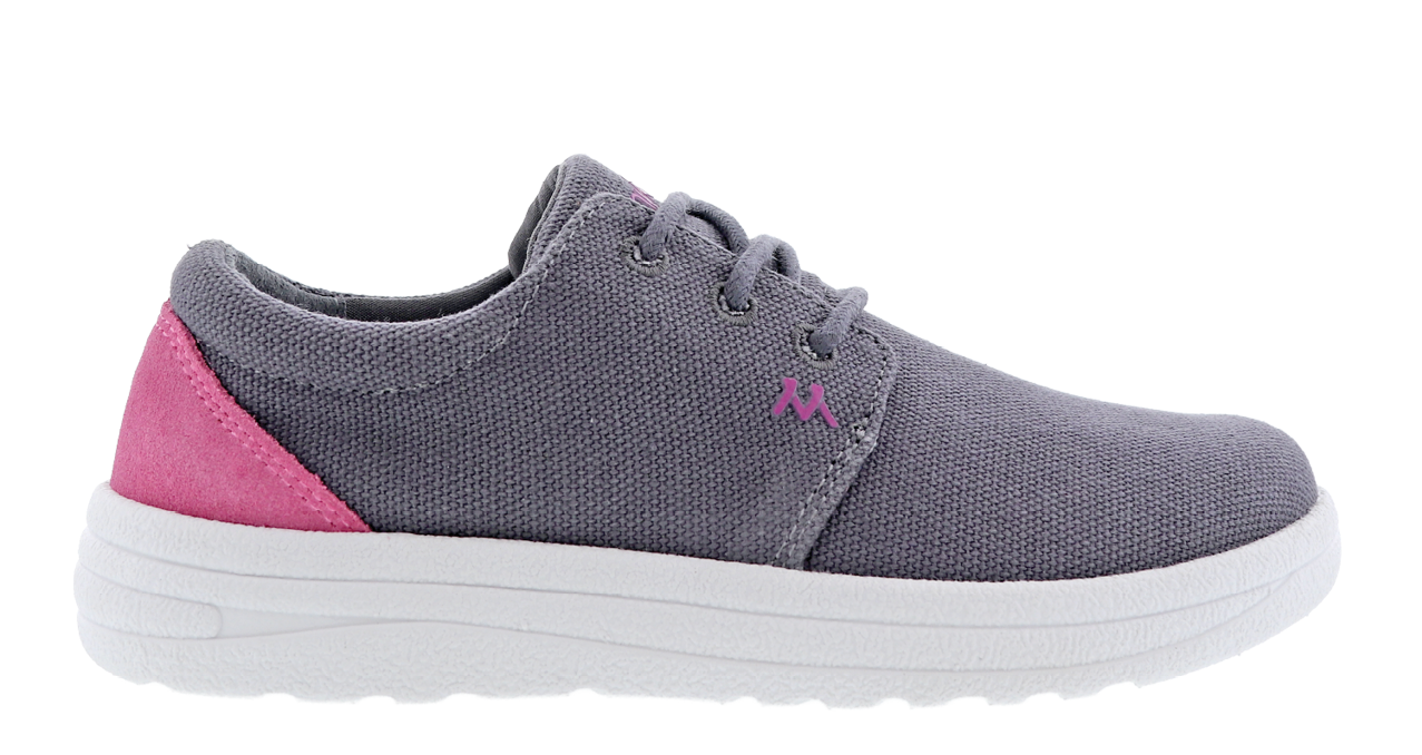 A grey shoe with a pink trim. Description generated by AI