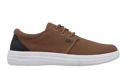 Brown shoe with white sole. Description generated by AI