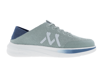 A blue shoe with white laces. Description generated by AI