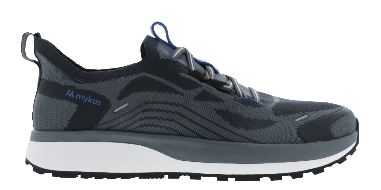 A blue and grey shoe with a white sole. Description generated by AI