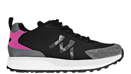 A black and grey shoe with a pink sole. Description generated by AI