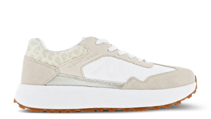 A white and tan shoe with a brown sole. Description generated by AI