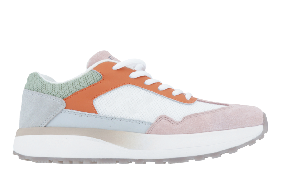 A white and orange shoe with a white sole. Description generated by AI