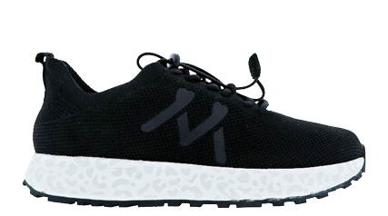 A black shoe with a white sole. Description generated by AI
