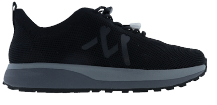 A black and grey shoe with a white logo. Description generated by AI