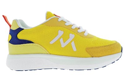 A yellow and blue shoe with a white sole. Description generated by AI