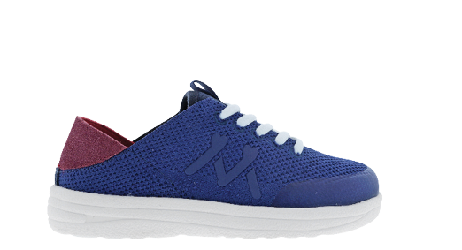 A blue and red shoe with white laces. Description generated by AI