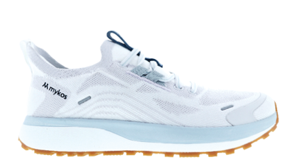 A white shoe with a blue lace. Description generated by AI
