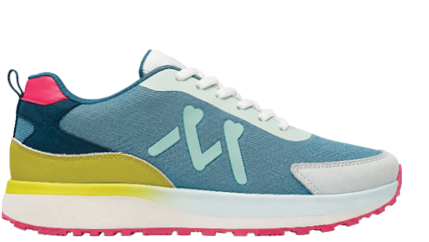 A blue and yellow shoe with a white sole. Description generated by AI