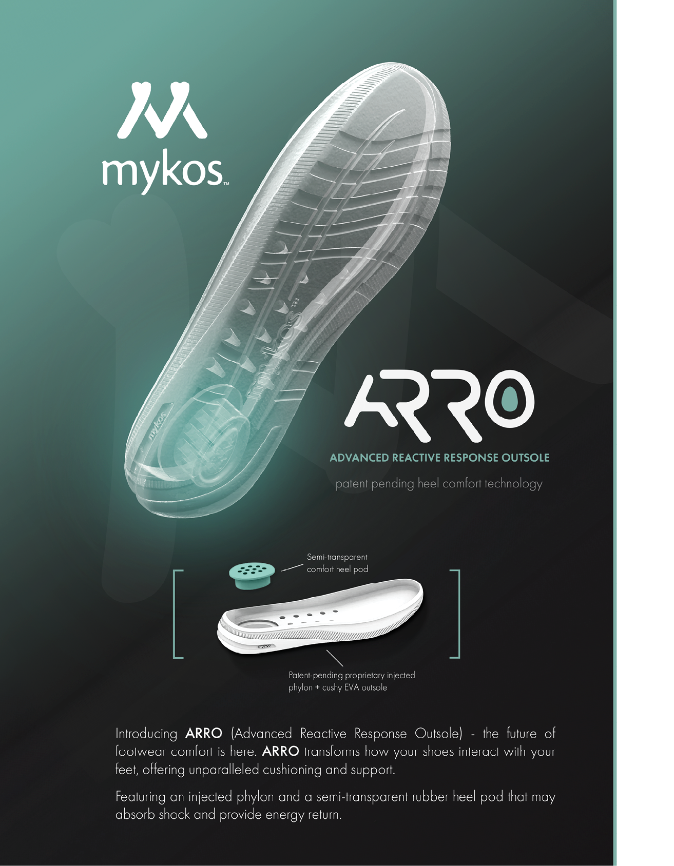A transparent shoe insole is displayed with the brand name mykos and the product name ARRO along with a smaller image showing a cross-section of the insole. Description generated by AI