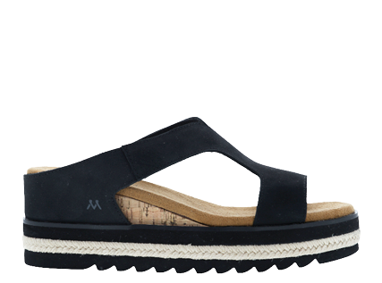 A black and brown sandal with a map on the sole. Description generated by AI