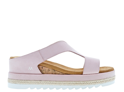Pink sandals with a wooden strap. Description generated by AI