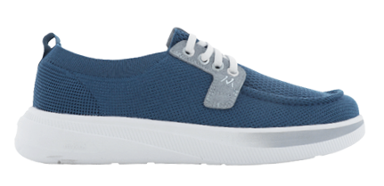 Blue shoe with white sole. Description generated by AI